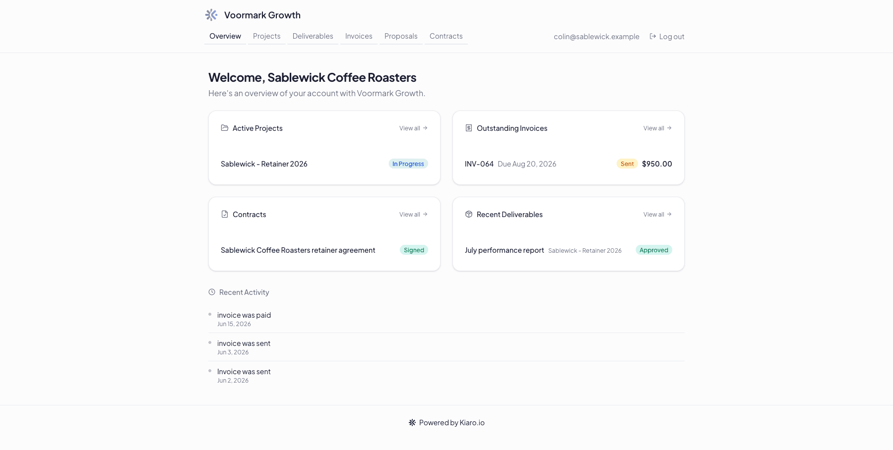 A Kiaro client portal carrying the consultant's branding: the client sees their active project, an outstanding invoice, a signed contract, and an approved deliverable in one place.