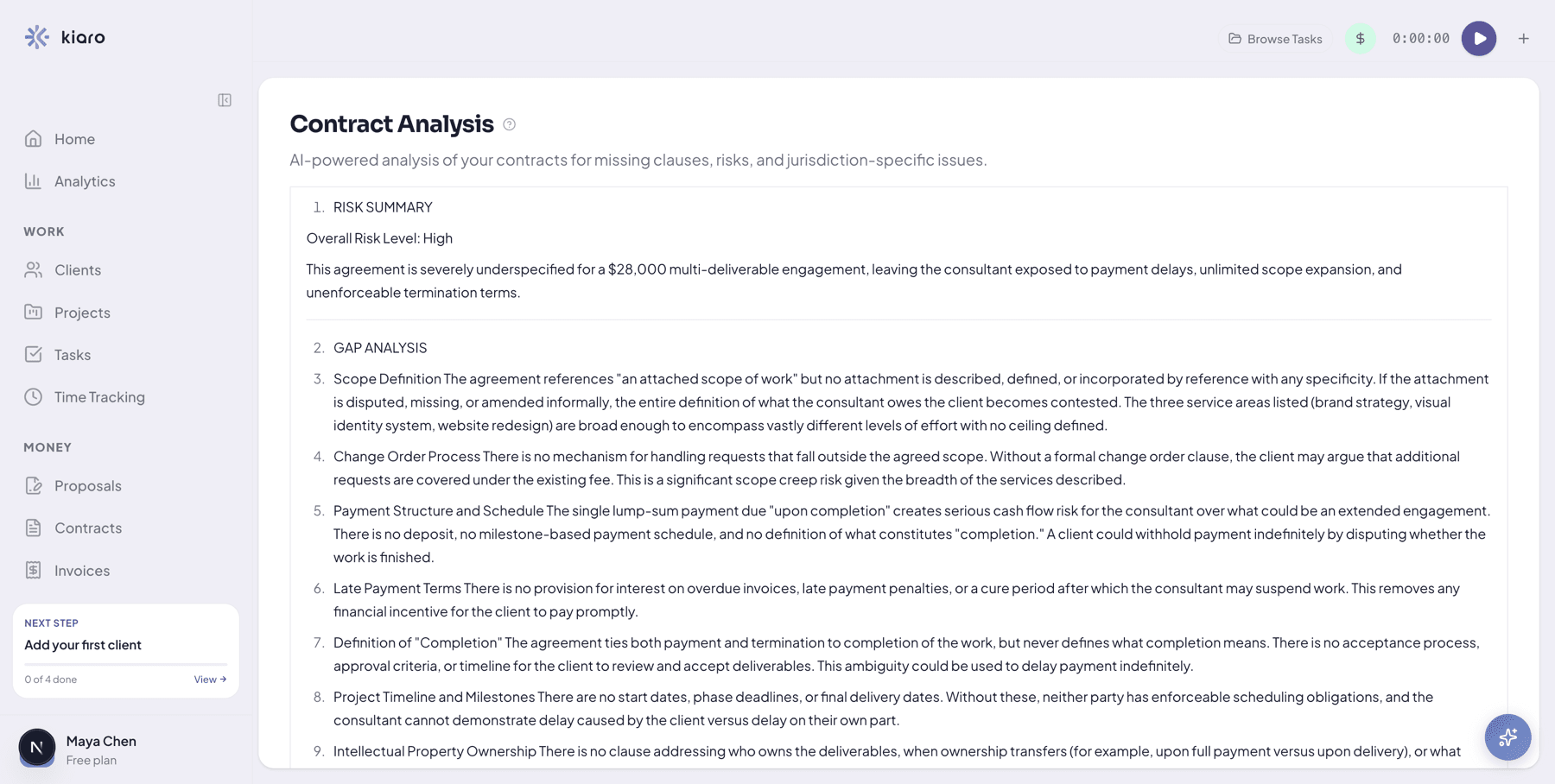 A contract review in Kiaro: an overall risk level and a numbered gap analysis flagging missing scope, payment, and IP clauses.