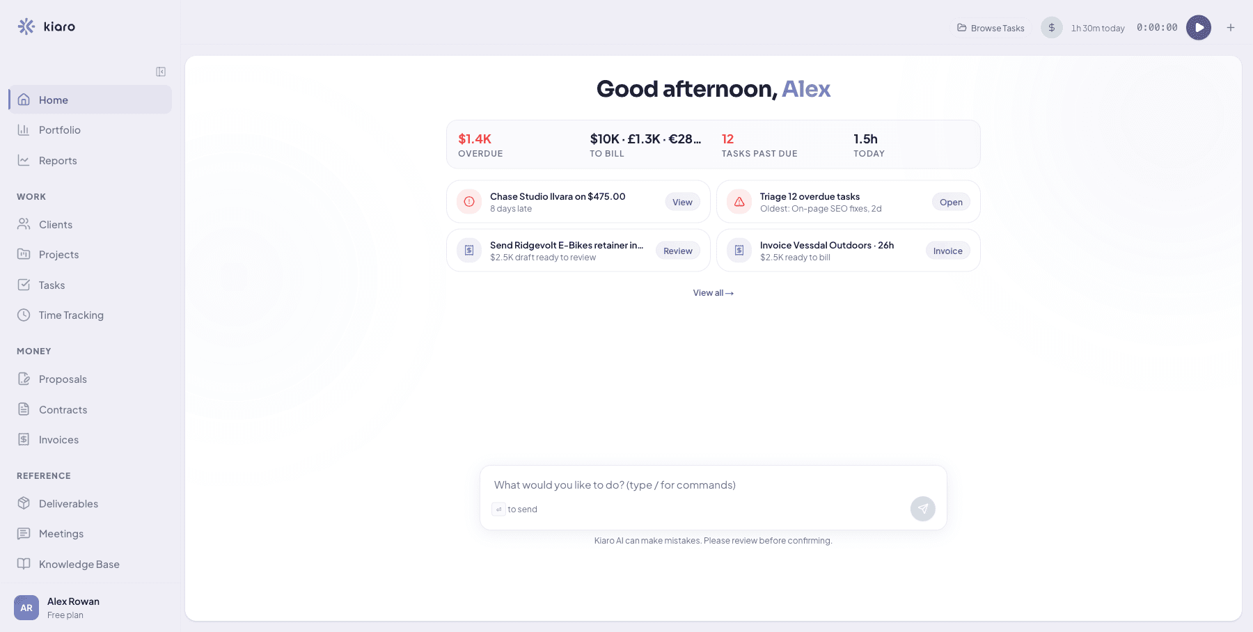 The Kiaro home screen: Smart Suggestions surface an overdue invoice and unbilled hours right above the AI command bar.