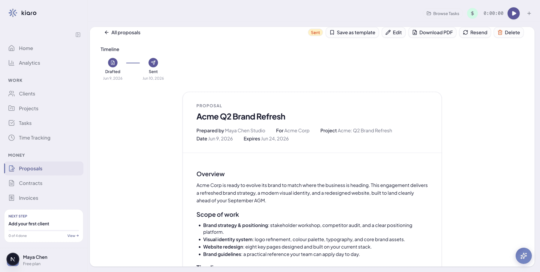 A proposal in Kiaro: a branded document with scope of work, an itemised investment table, and a drafted-to-sent timeline.