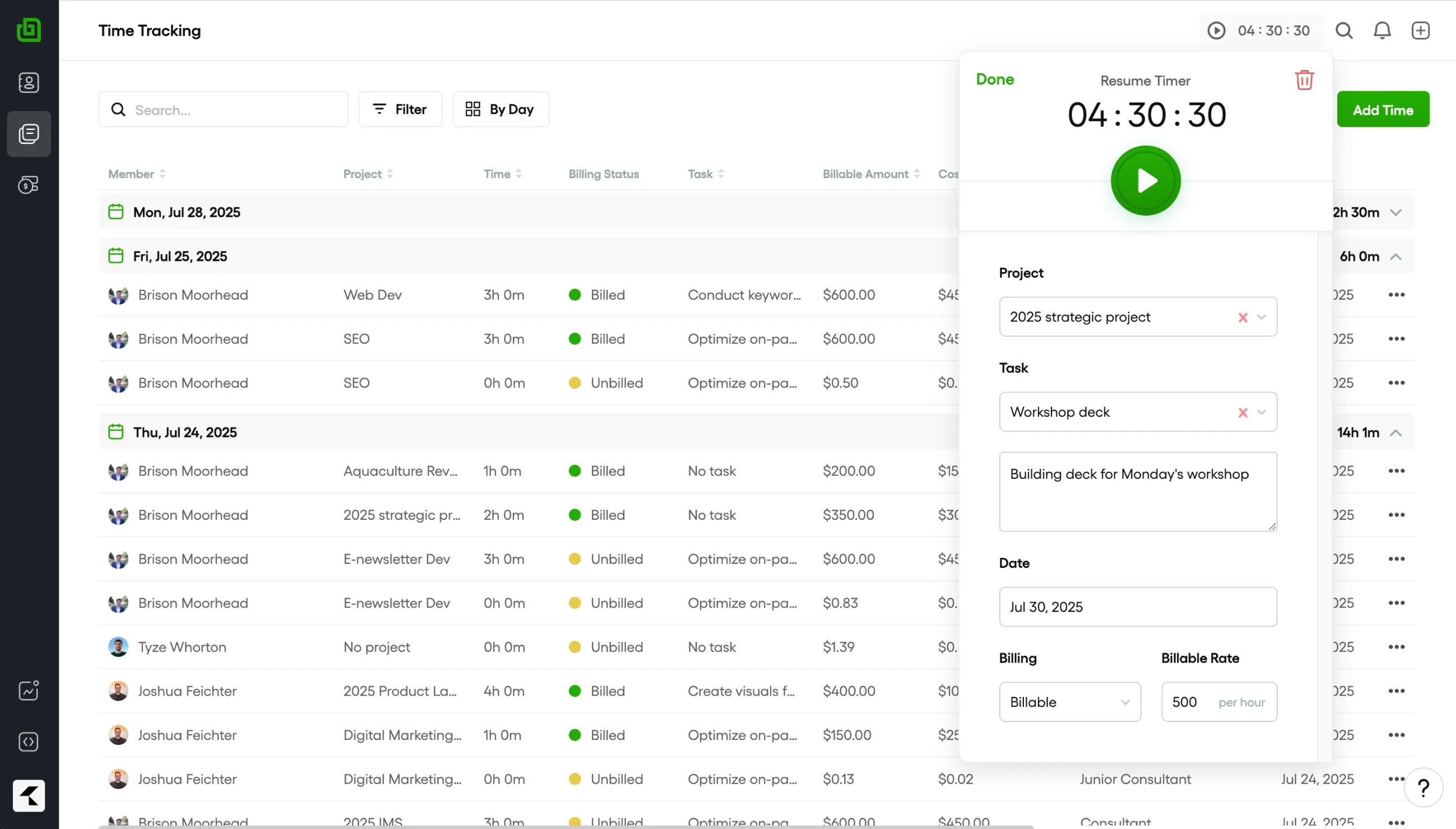 Bonsai time tracking with billing status