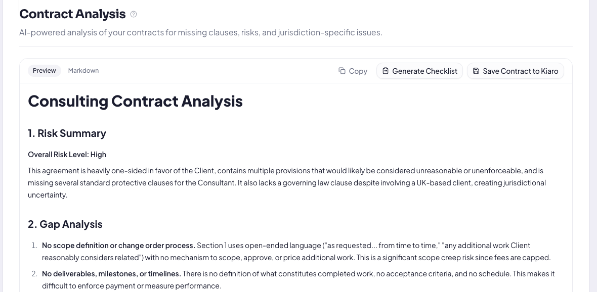 Kiaro contract tool for consultants