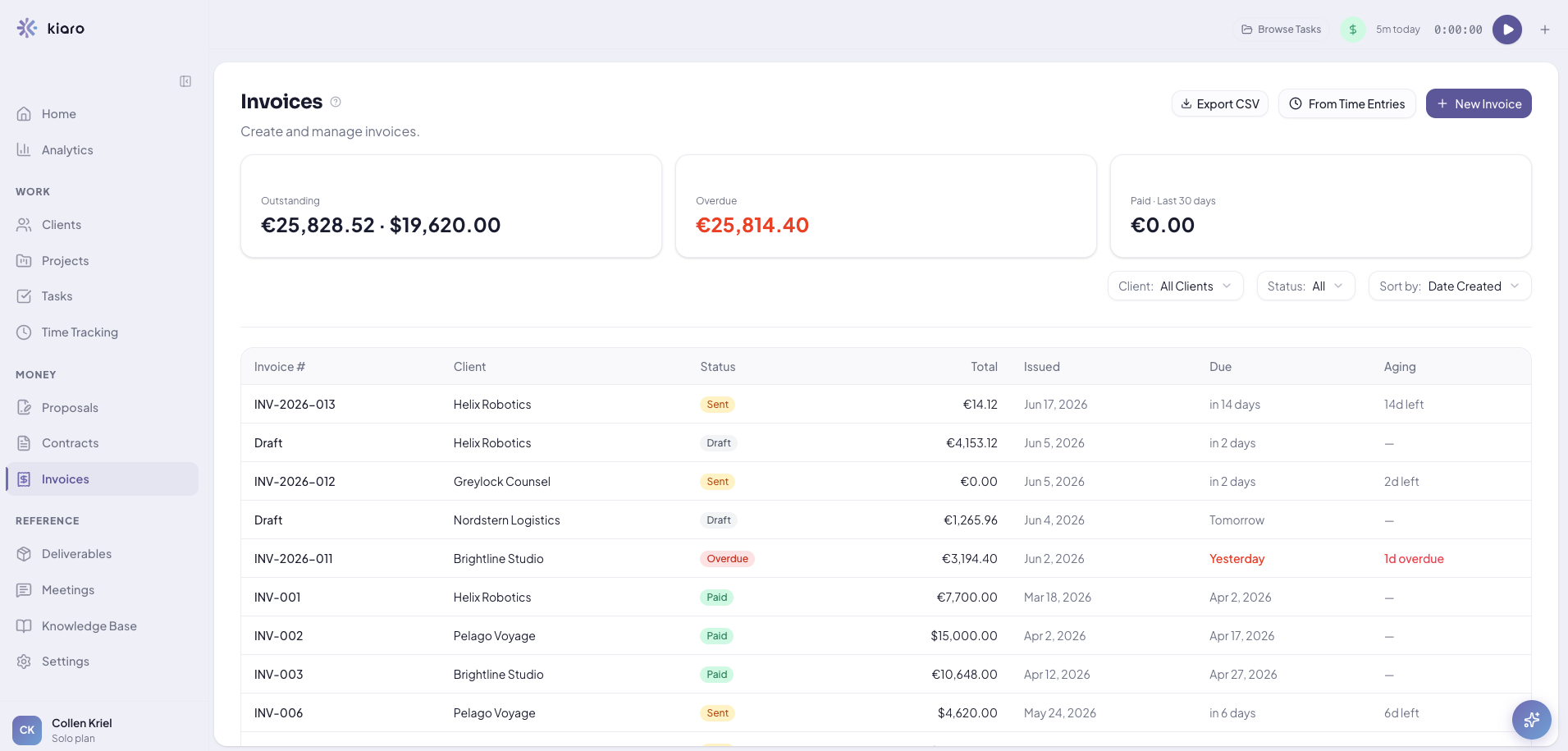 Kiaro FreshBooks alternative for solo consultants