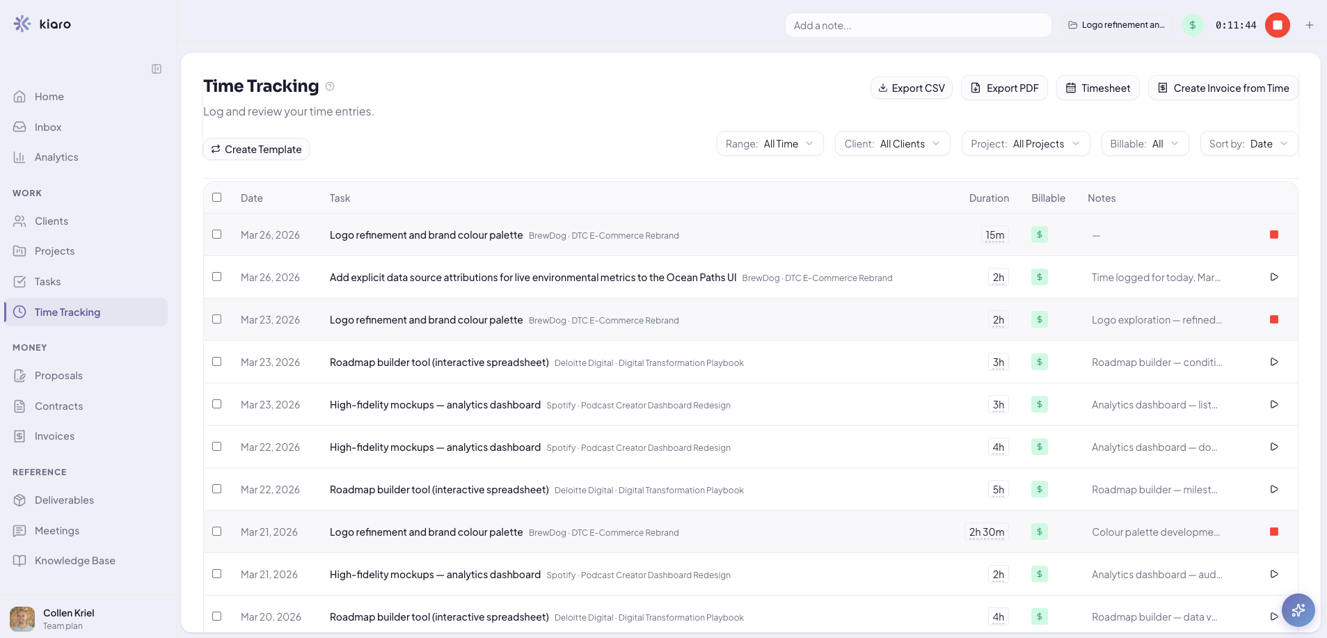 Kiaro time tracking linked to clients, projects, and invoices