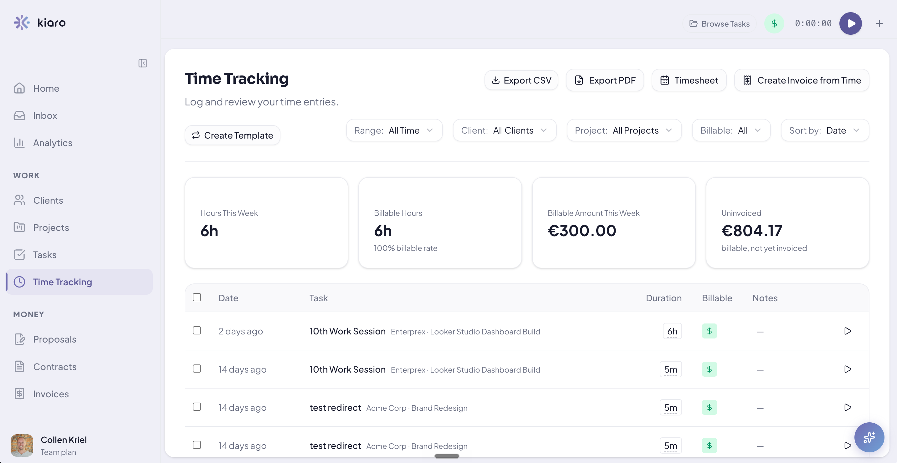 Kiaro time tracking linked to clients and invoices