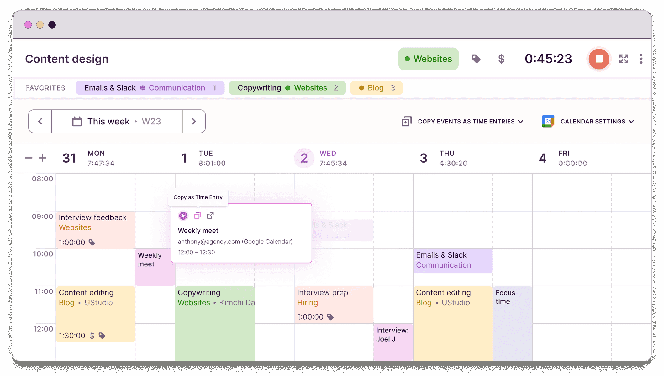 Toggl time tracking and weekly calendar view