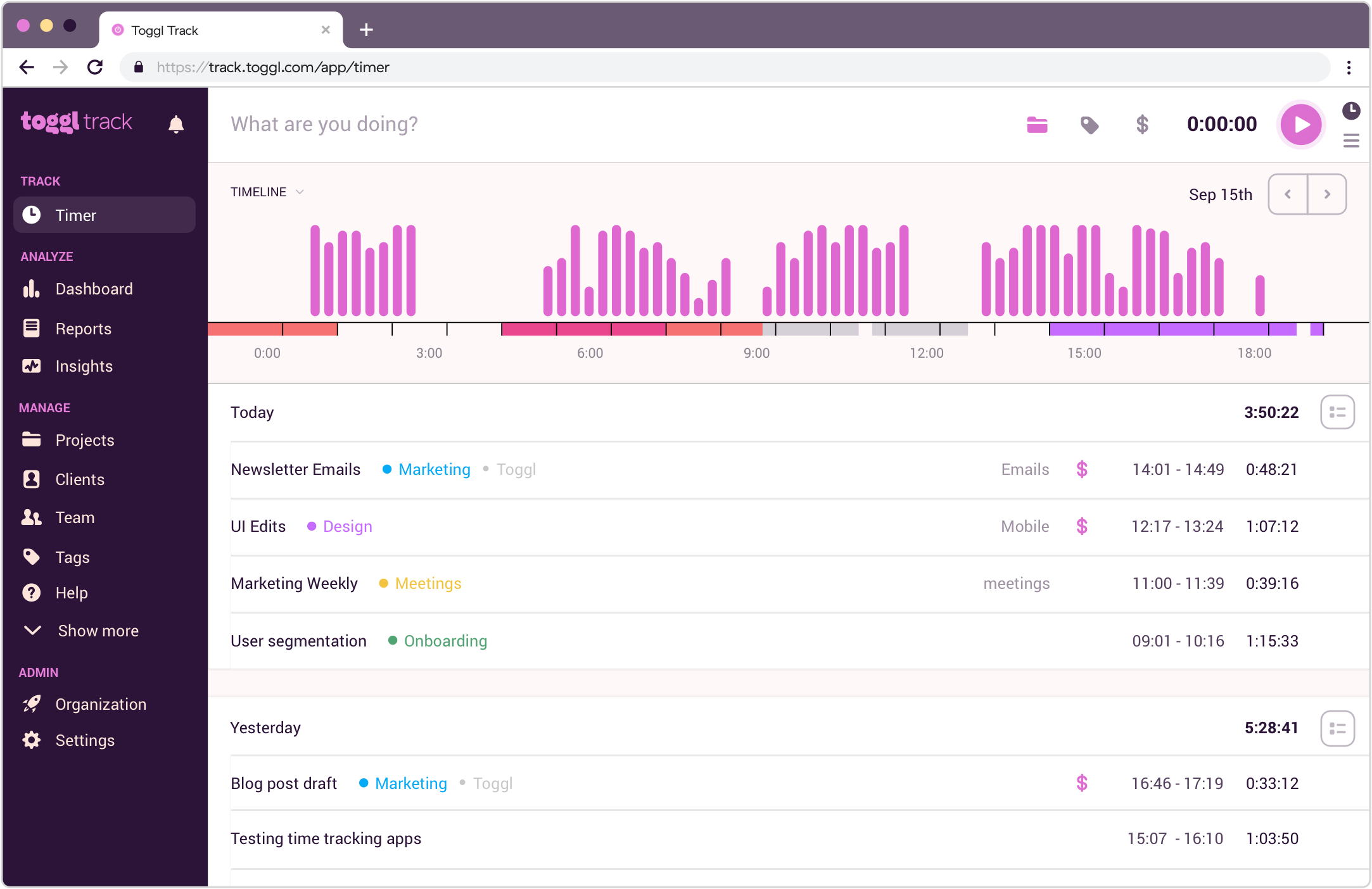 Toggl Track time tracking interface
